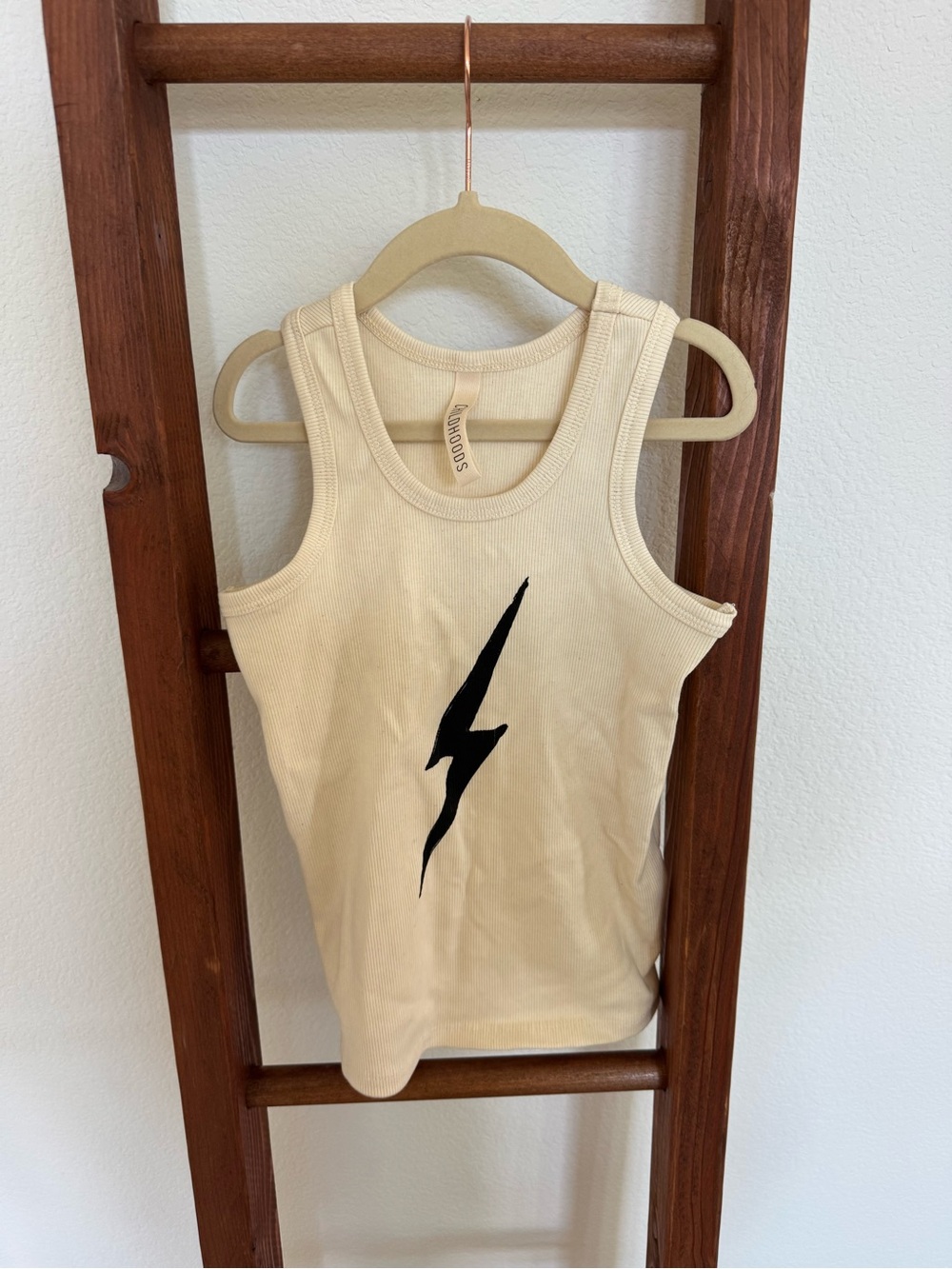NWOT Childhoods Clothing Cream Tank Top with Black Lightning Bolt